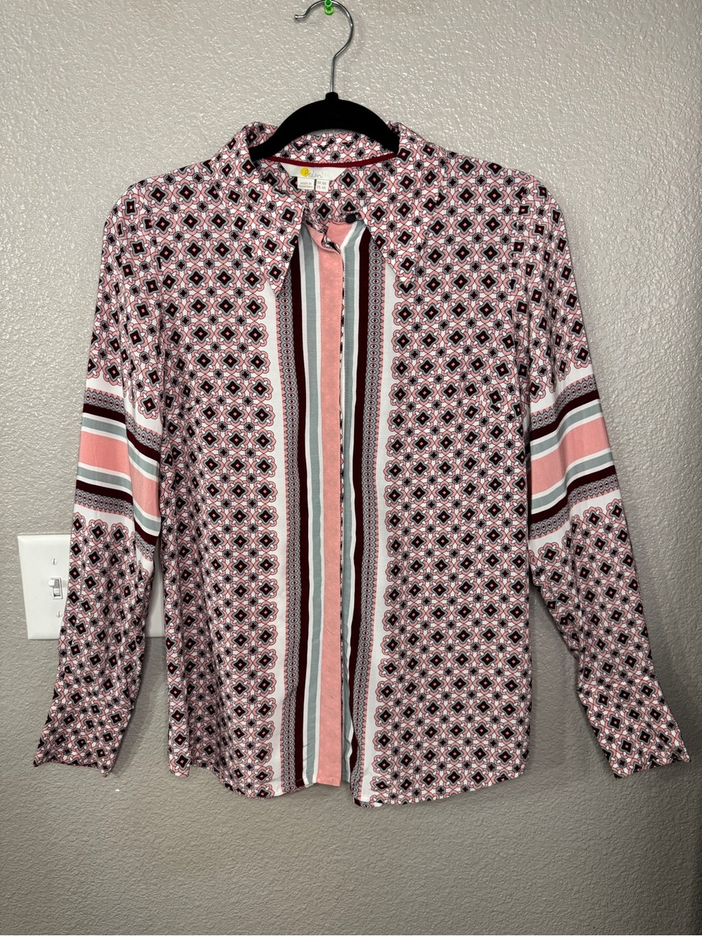 Boden Placement Print Shirt Pink Geometric Stripe Button Front Blouse Size 4